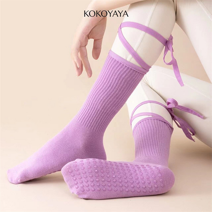 kokoyaya silicone anti-slip professional yoga socks with straps sports mid-tube socks indoor Pilates socks W006