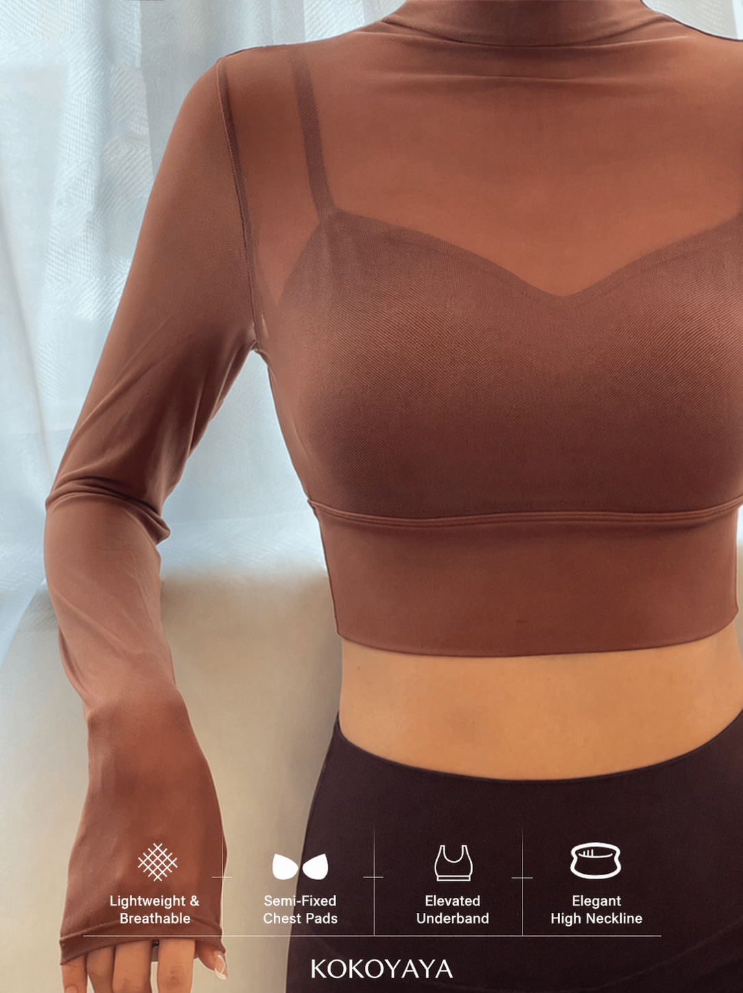 kokoyaya spring long-sleeved tight-fitting fitness suit with chest pad, women's mesh splicing fake two-piece yoga suit top
