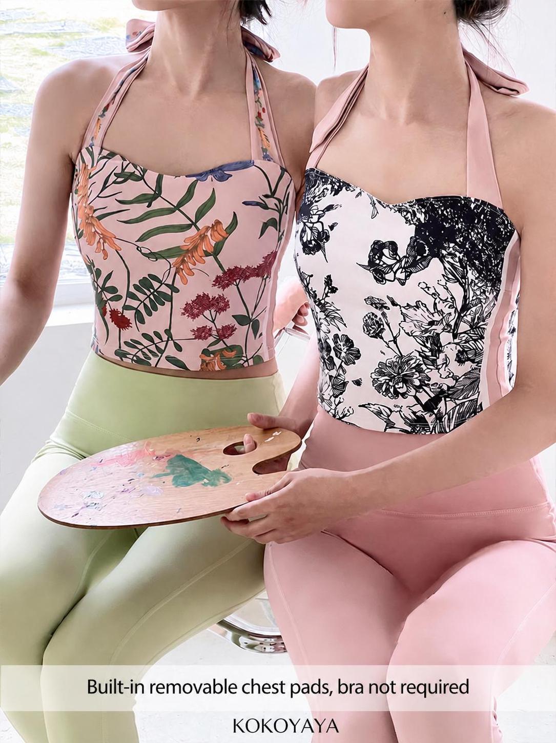 kokoyaya hanging neck sports underwear with chest pad fitness dress vest sleeveless top printed yoga dress for women