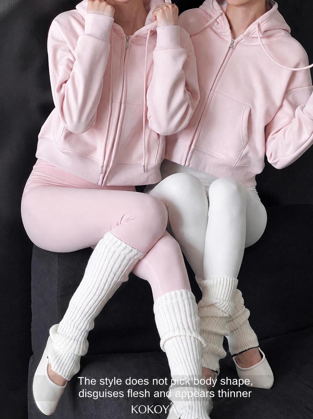 kokoyaya sports sweater pink short yoga suit plus velvet women's warm zipper fitness top hooded coat