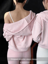 kokoyaya sports sweater pink short yoga suit plus velvet women's warm zipper fitness top hooded coat