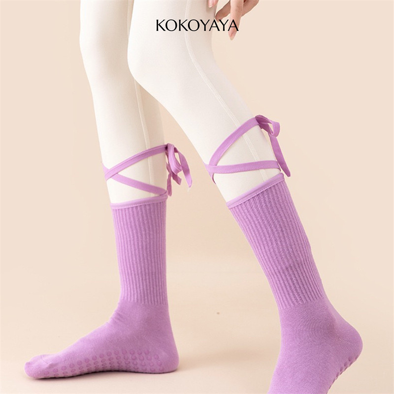 kokoyaya silicone anti-slip professional yoga socks with straps sports mid-tube socks indoor Pilates socks W006