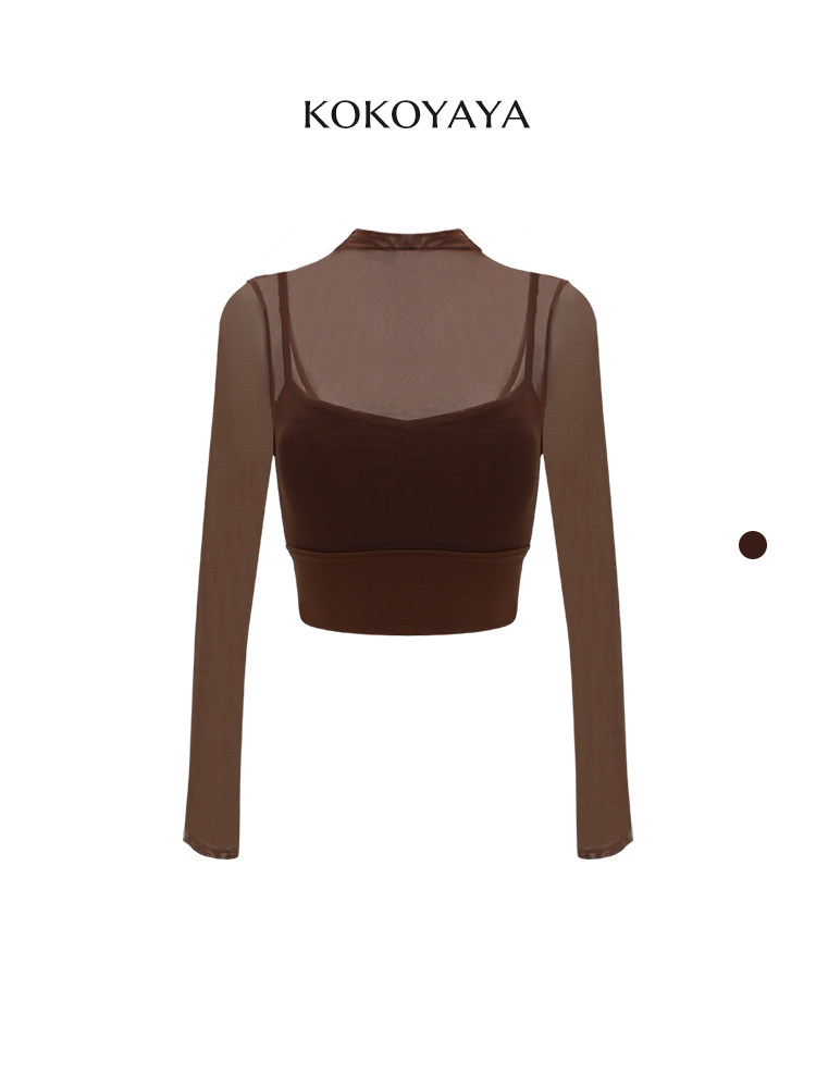 kokoyaya spring long-sleeved tight-fitting fitness suit with chest pad, women's mesh splicing fake two-piece yoga suit top