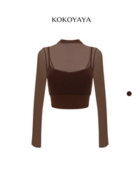 kokoyaya spring long-sleeved tight-fitting fitness suit with chest pad, women's mesh splicing fake two-piece yoga suit top