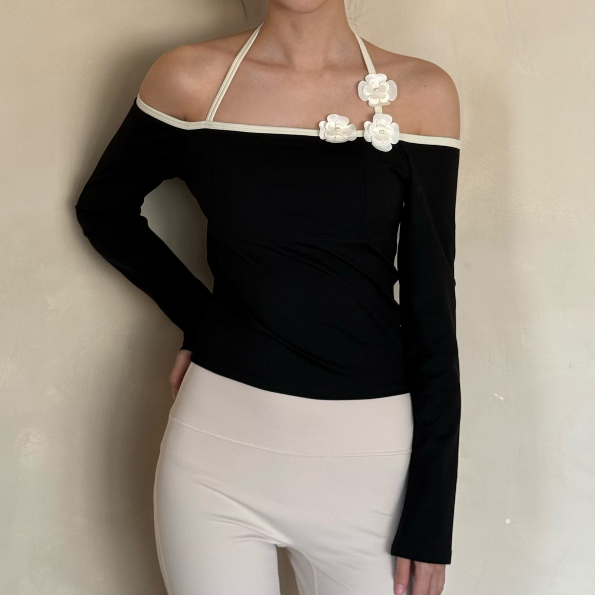kokoyaya one-shoulder yoga suit top, long-sleeved sportswear, fitness suit, women's hanging neck, ballet training suit
