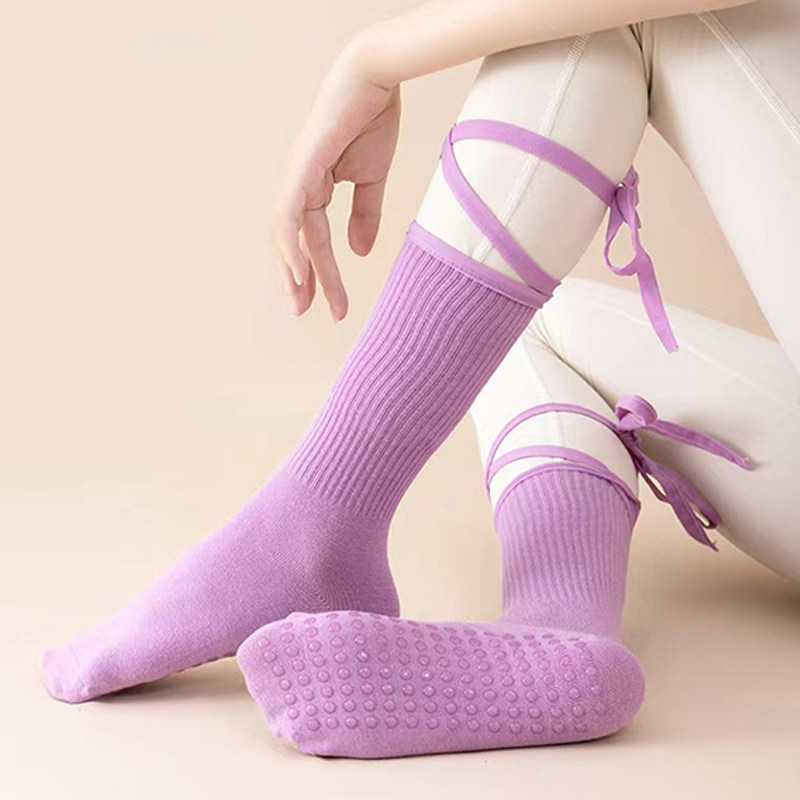 kokoyaya silicone anti-slip professional yoga socks with straps sports mid-tube socks indoor Pilates socks W006